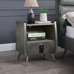 Doris Upholstered Panel Bedroom Set (Gray) -Beds and Accessories Sales BD00440 nightstand 2